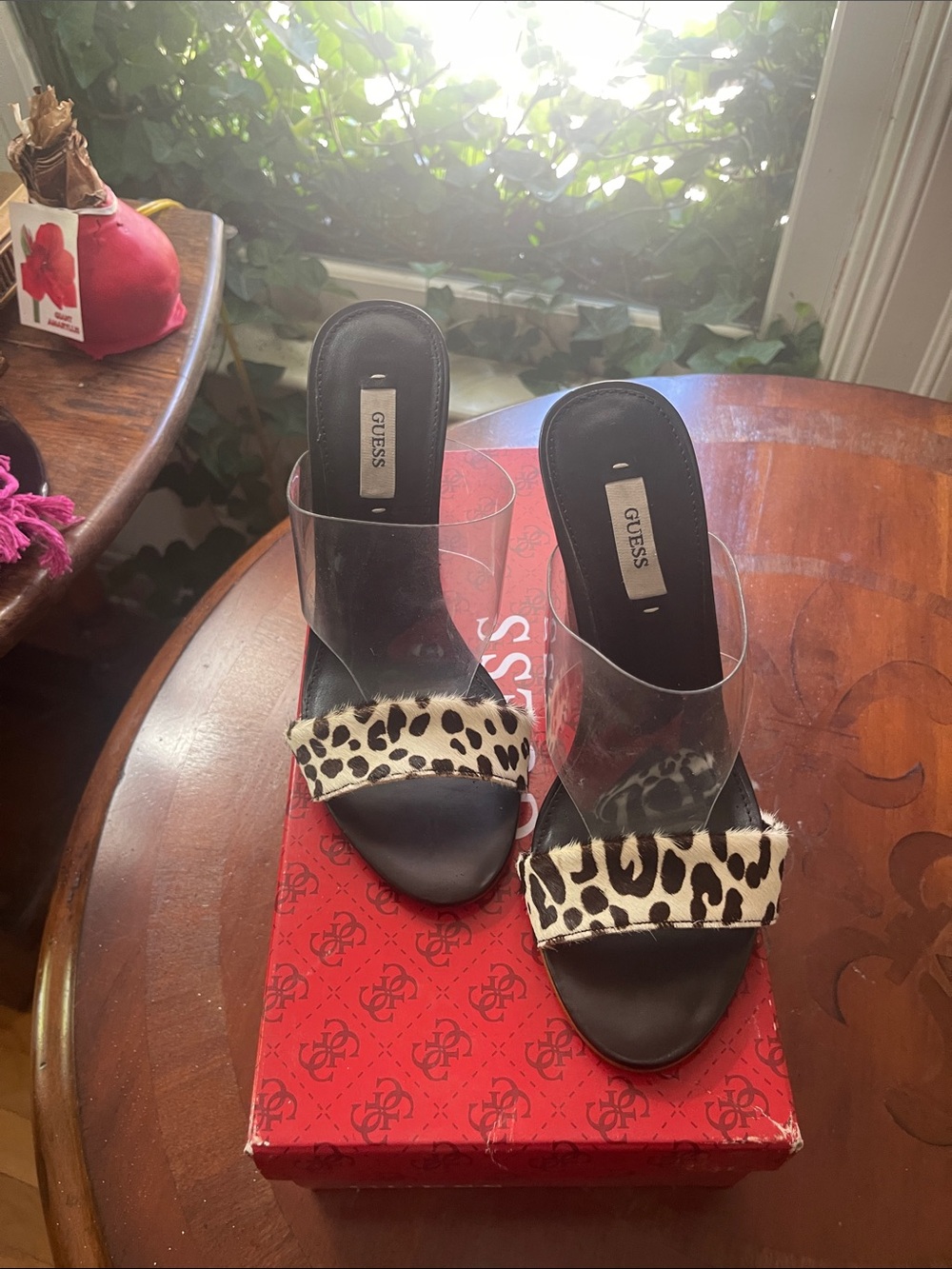 GUESS Black Sandal Mules with Leopard Accent and Clear Band